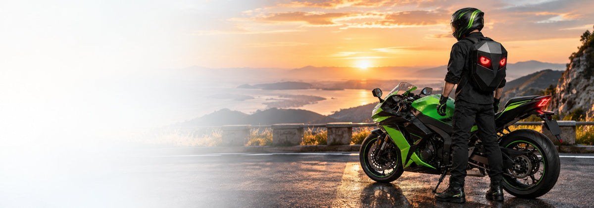 LOY GTX rider overlooking the coast at sunset